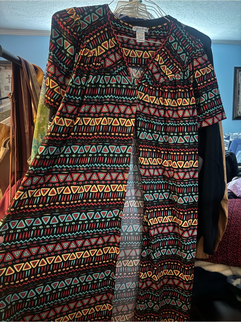 Tribal Print Long Duster in Black with Multicolor Pattern - Picture 4 of 10